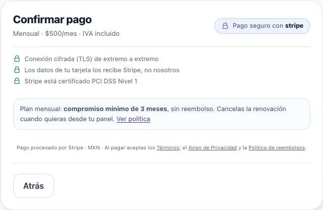Pantalla de confirmación de pago con el plan, las garantías de seguridad y la política