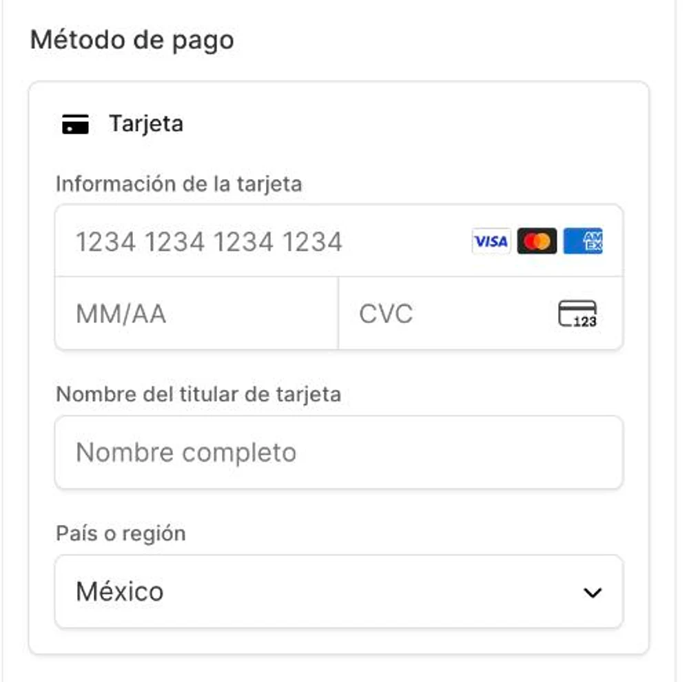 Formulario de tarjeta de Stripe: número, vencimiento, CVC, nombre del titular y país