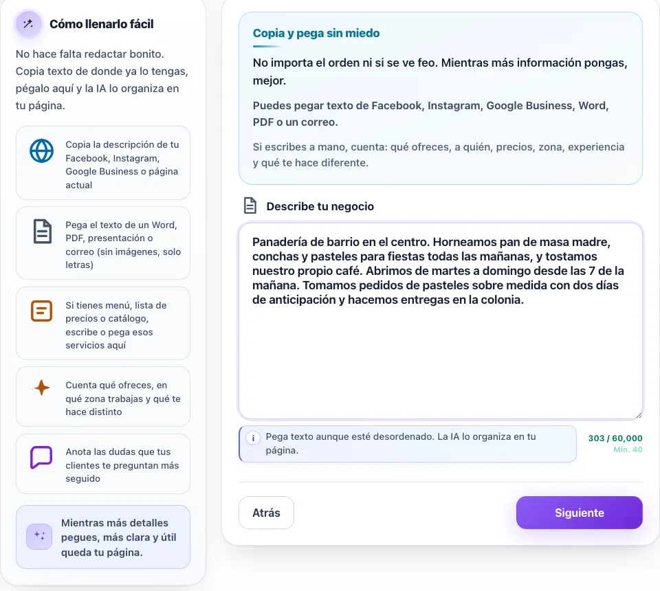Paso 2 del asistente: caja de texto grande para describir el negocio