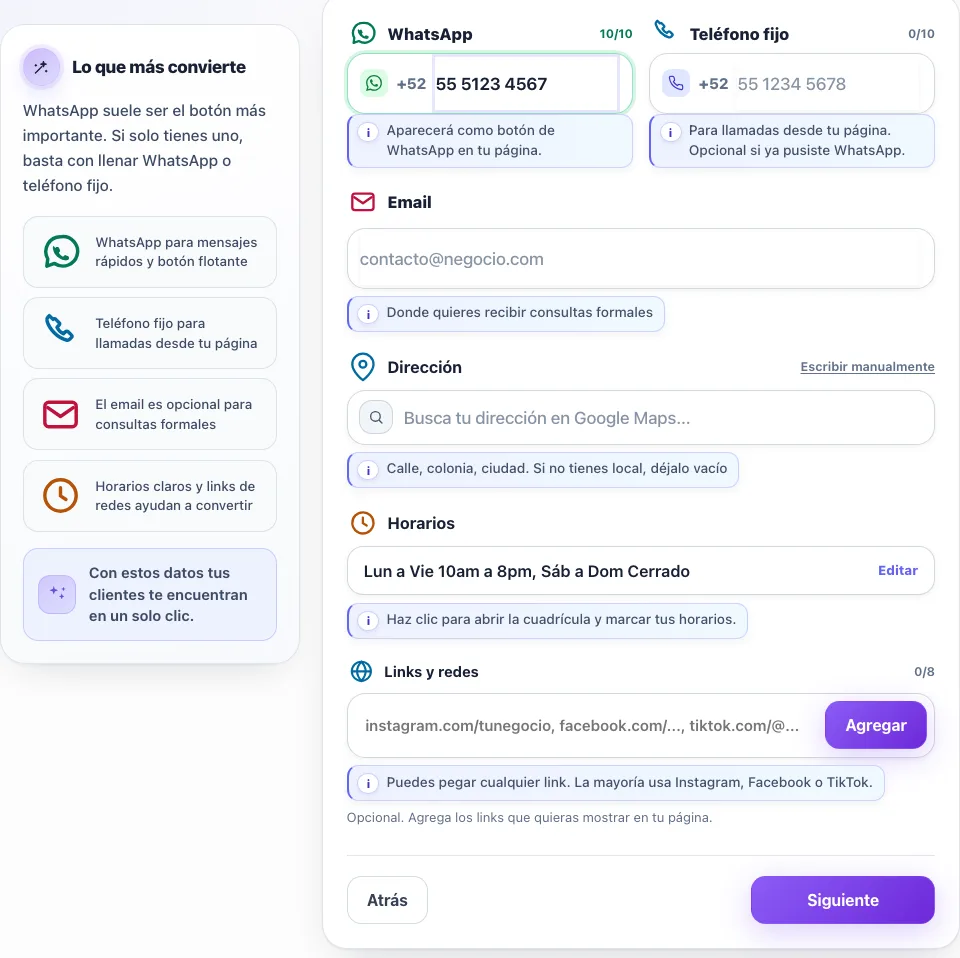 Paso 3 del asistente: WhatsApp, teléfono, correo, dirección, horarios y redes