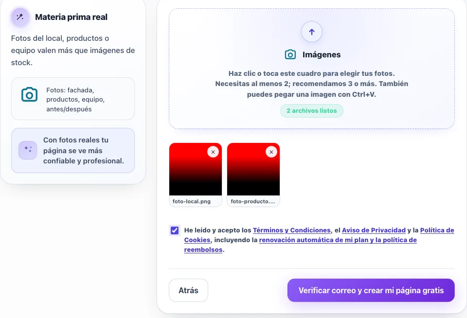 Paso 4 del asistente: zona para subir fotos y aceptación de términos