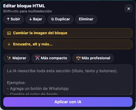 Panel Editar bloque HTML: mover, duplicar, eliminar, atajos de IA y la caja para pedir el cambio