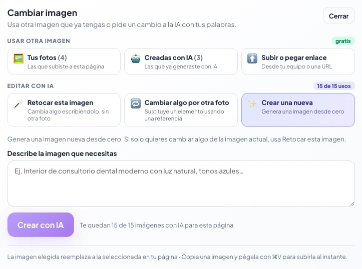 Crear una nueva: caja para describir la imagen y botón Crear con IA