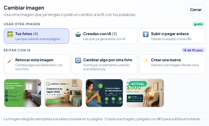 Ventana Cambiar imagen: Tus fotos, Creadas con IA, Subir, y las tres opciones de Editar con IA