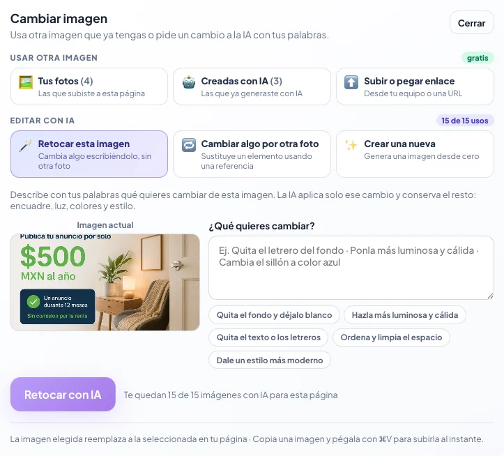Retocar esta imagen: foto actual, caja para describir el cambio, sugerencias y botón Retocar con IA