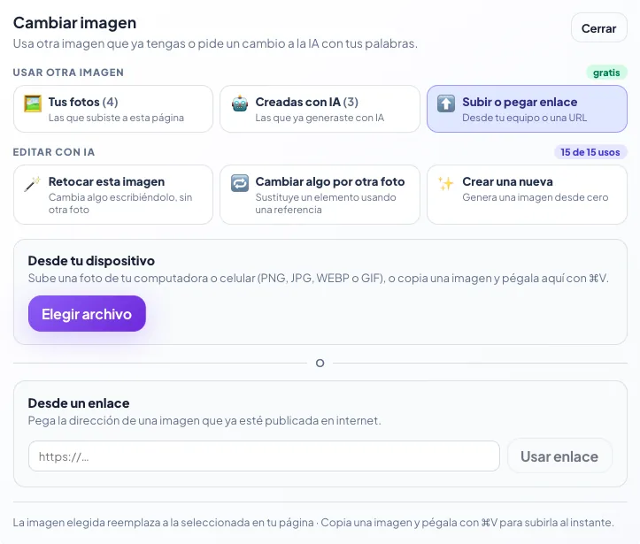 Pestaña Subir o pegar enlace: botón Elegir archivo y campo para pegar una URL