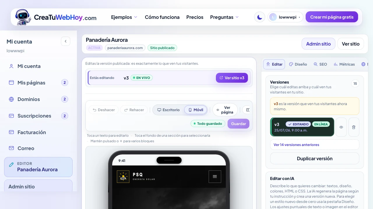 El editor en vista móvil: la página se muestra en un marco angosto