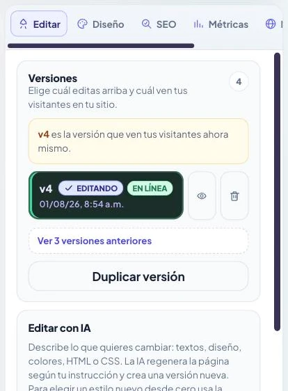 Pestaña Editar del rail: versiones, Editar con IA y el contador de ediciones disponibles