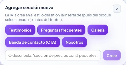 Panel Agregar sección nueva con las opciones Testimonios, Preguntas frecuentes, Galería, Banda de contacto y Nosotros