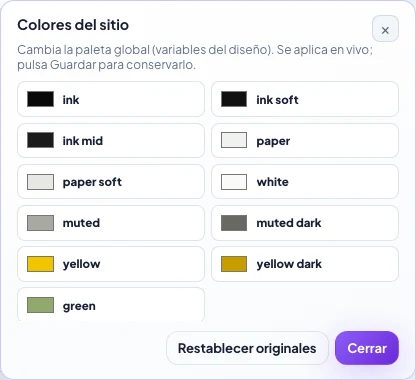 Panel Colores del sitio: la lista de colores de la paleta global y el botón para restablecer