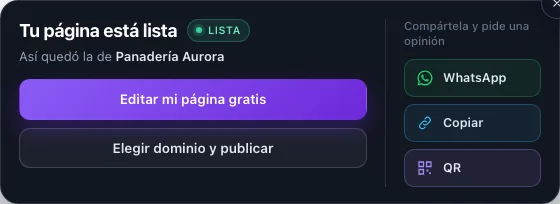 Panel del estreno sobre la página terminada: editar, elegir dominio y compartir