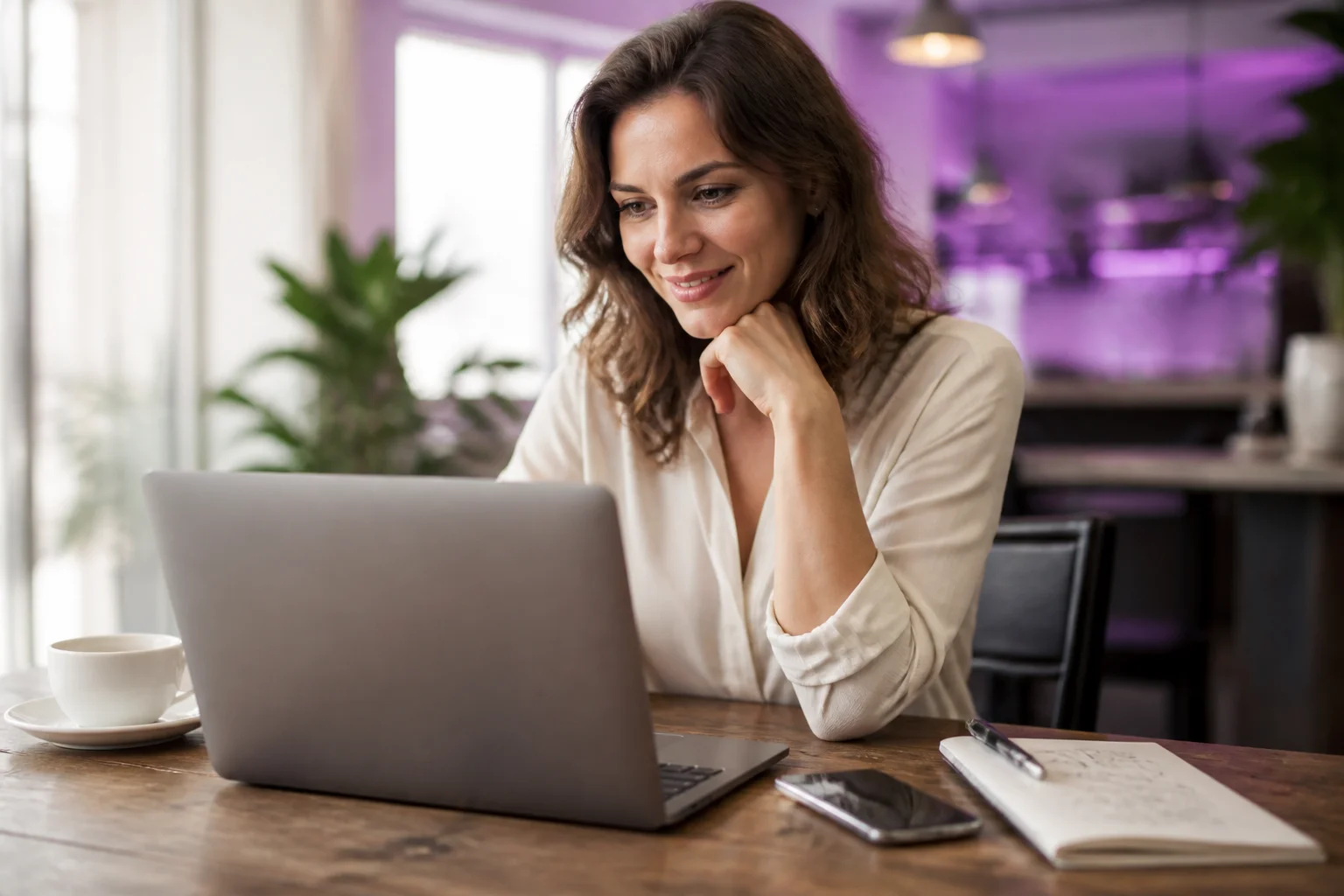 Dueña de negocio revisando en su laptop opciones para crear una página web