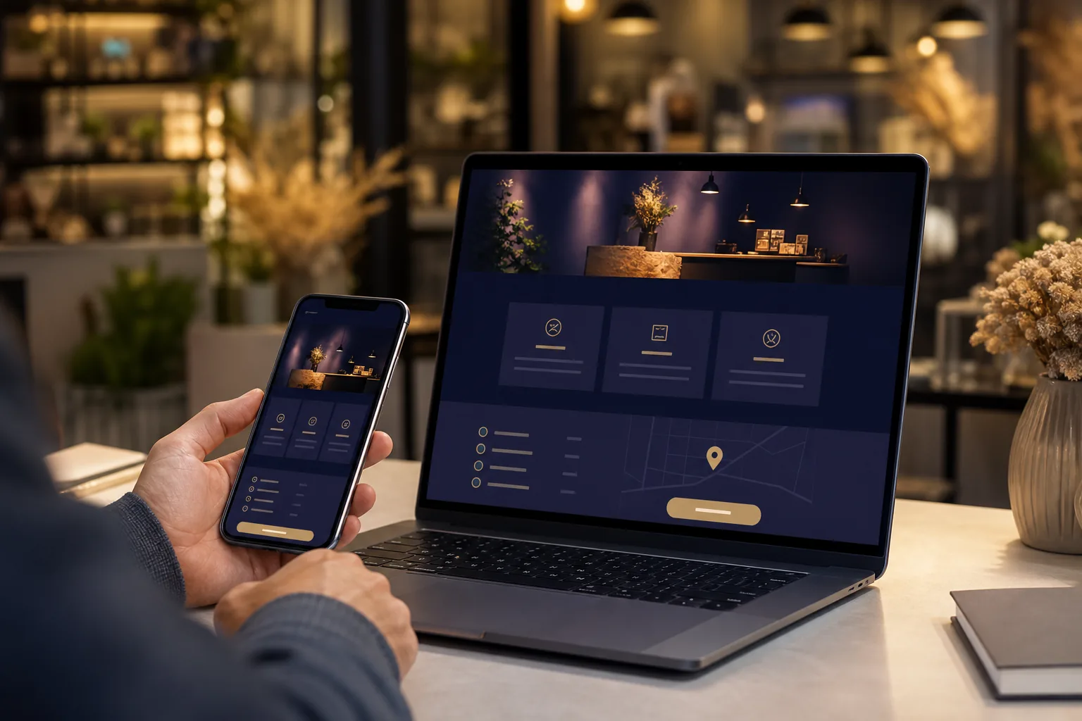 Una persona revisa en su teléfono y laptop una página web de negocio con servicios, ubicación y contacto